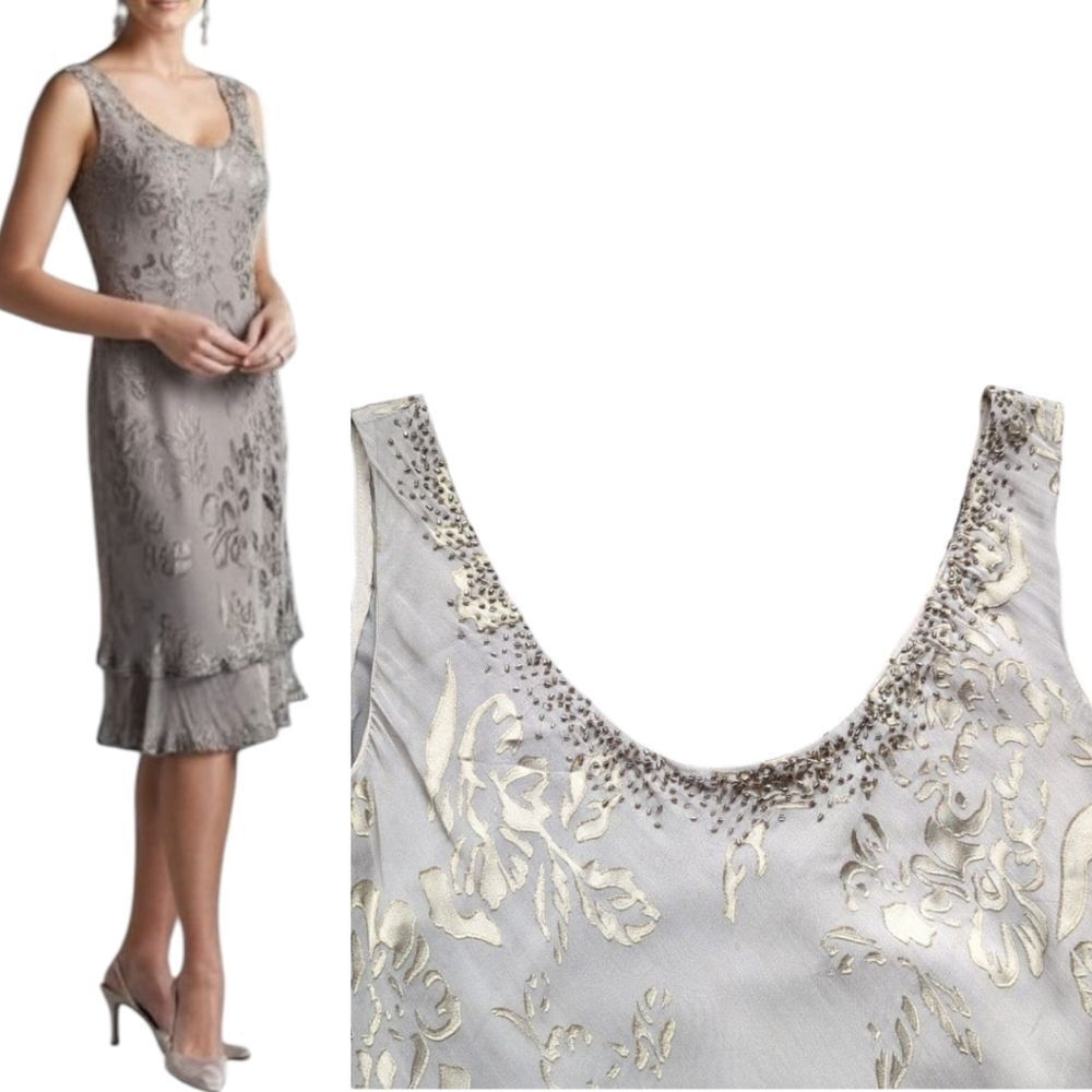 Unique Pure  Silk Burnout Floral Pattern Tiered Sleeveless Midi Embelished Dress